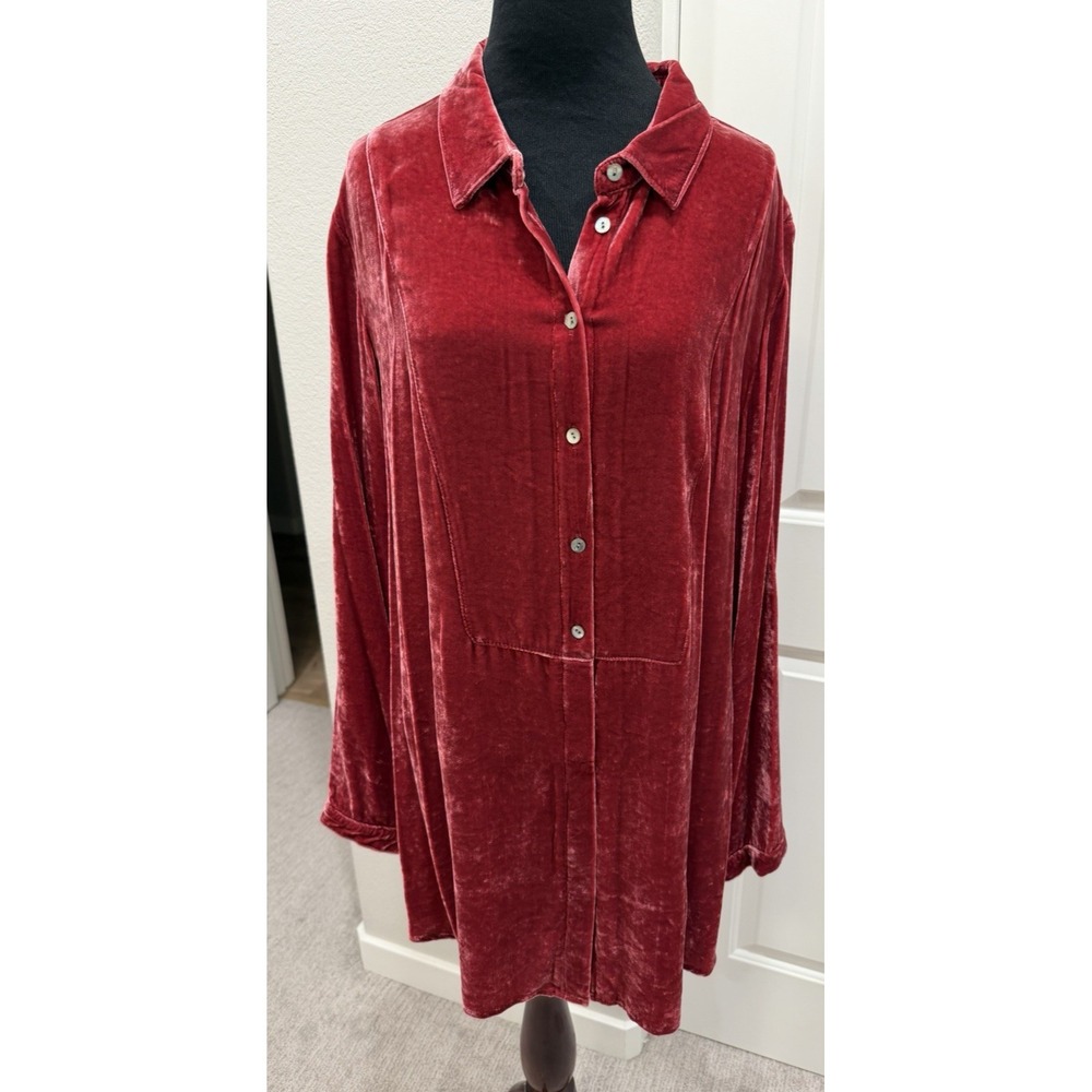 NWT J.Jill Red Crushed Velvet Long Sleeve Collared Button Up Tunic Blouse XL New